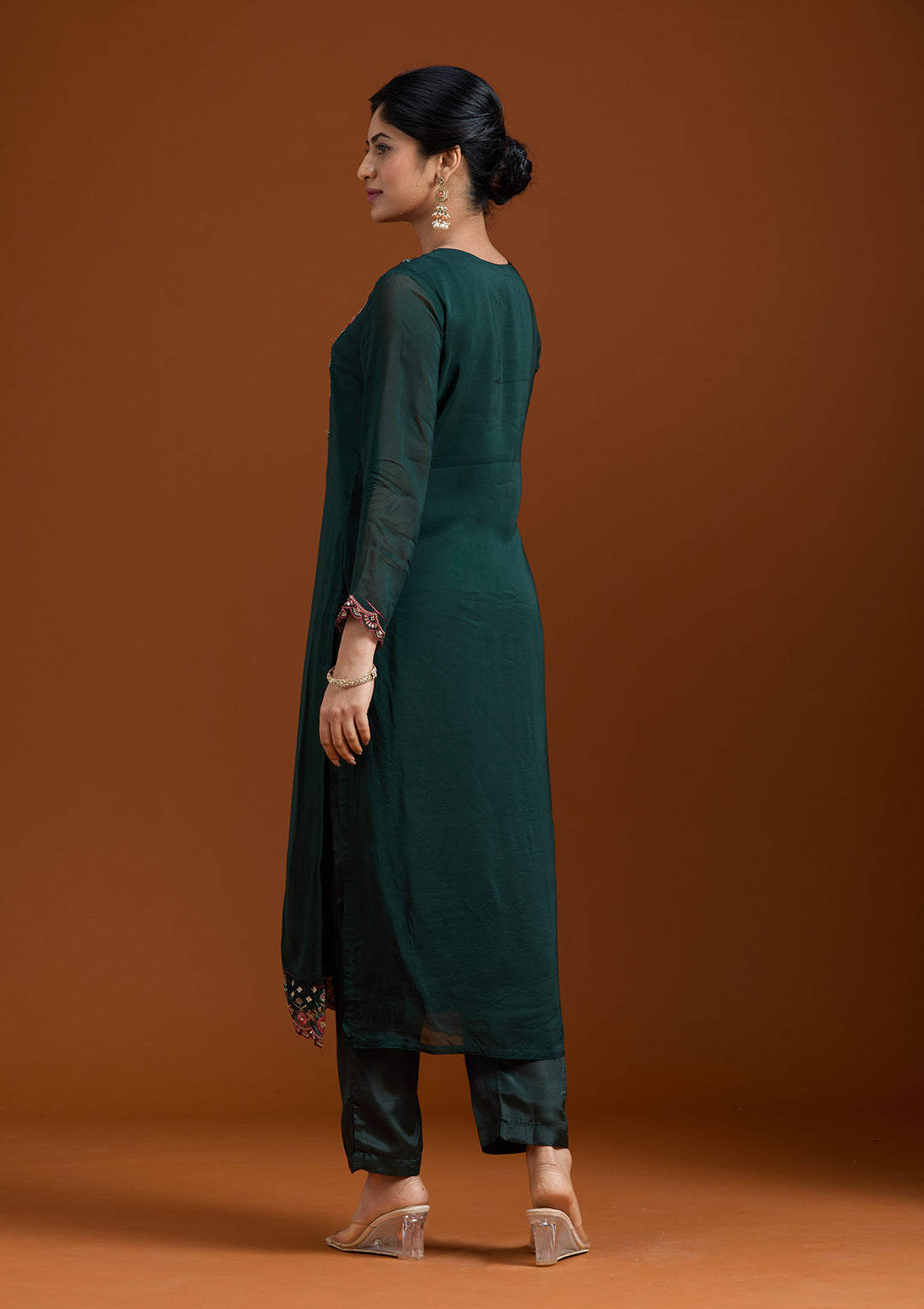 Bottle Green Organza Threadwork Straight Kurta With Pant Regular And Dupatta