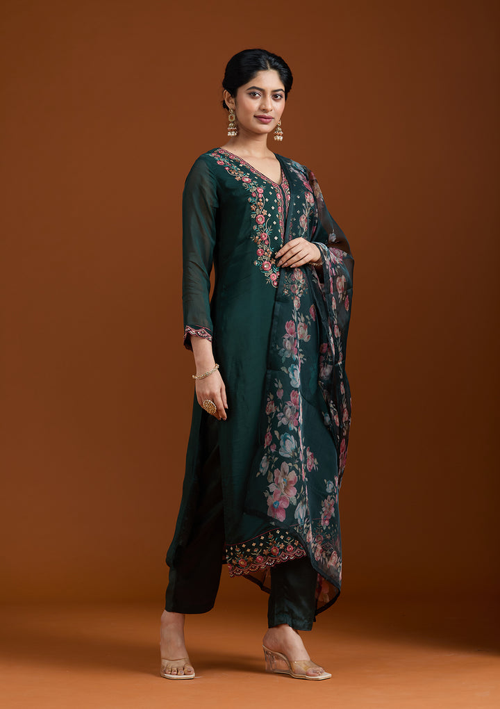 Bottle Green Organza Threadwork Straight Kurta With Pant Regular And Dupatta