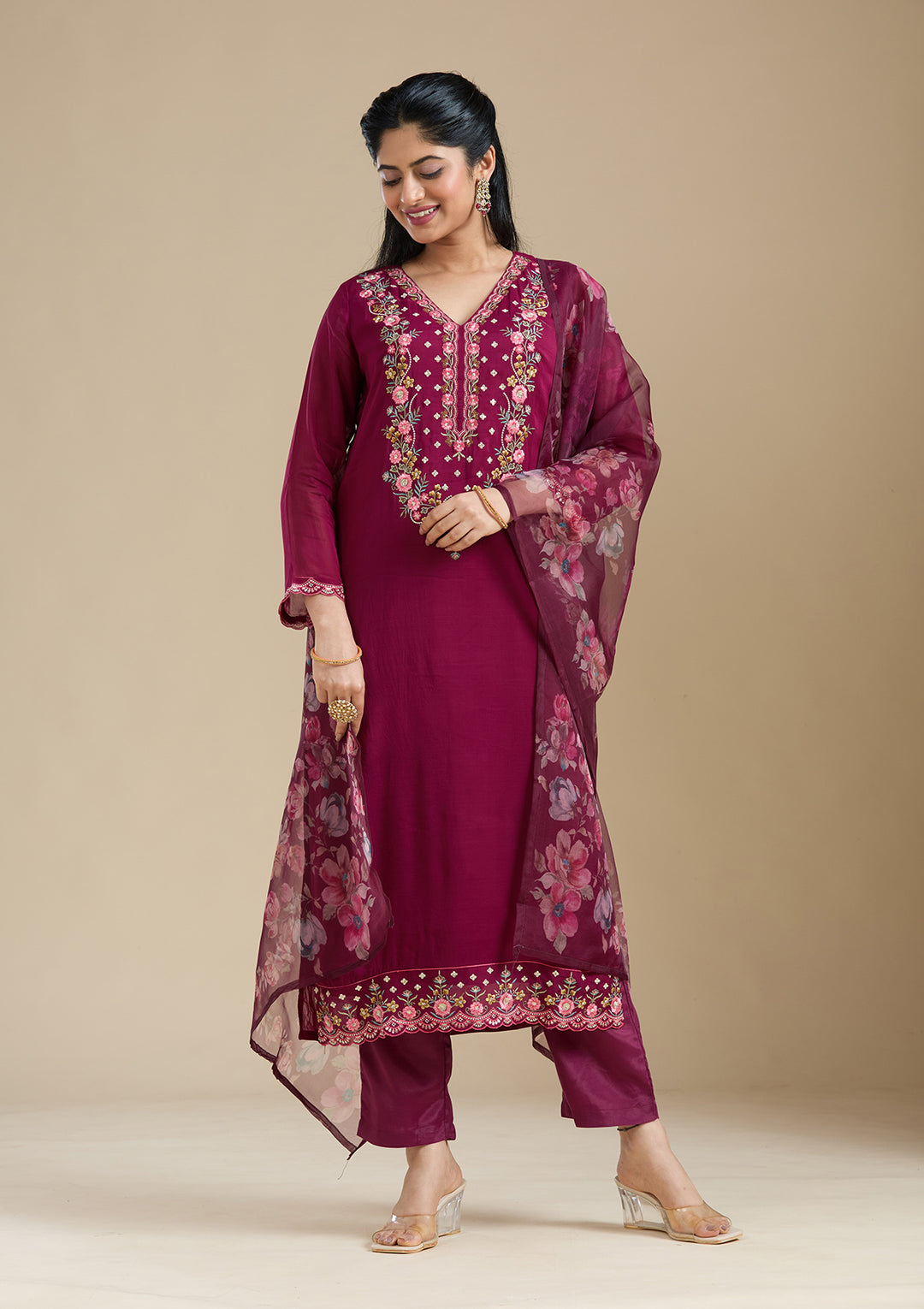Wine Organza Threadwork Straight Kurta With Regular Pant And Dupatta