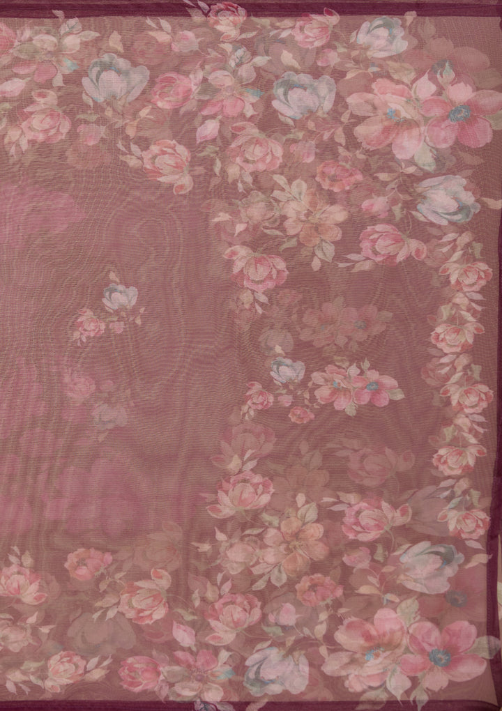 Wine Organza Threadwork Straight Kurta With Regular Pant And Dupatta