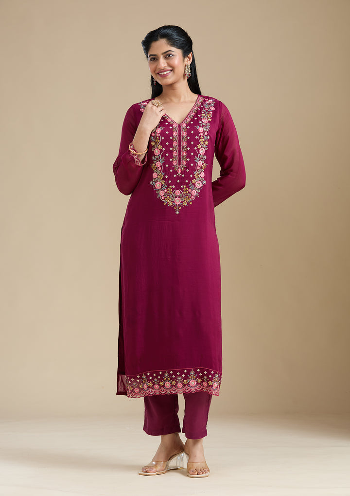 Wine Organza Threadwork Straight Kurta With Regular Pant And Dupatta