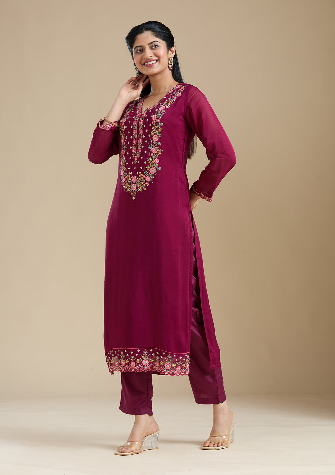 Wine Organza Threadwork Straight Kurta With Regular Pant And Dupatta