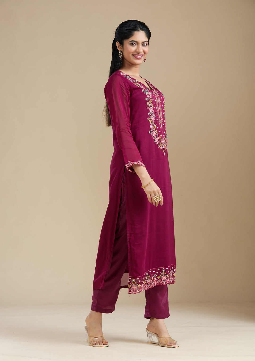 Wine Organza Threadwork Straight Kurta With Regular Pant And Dupatta
