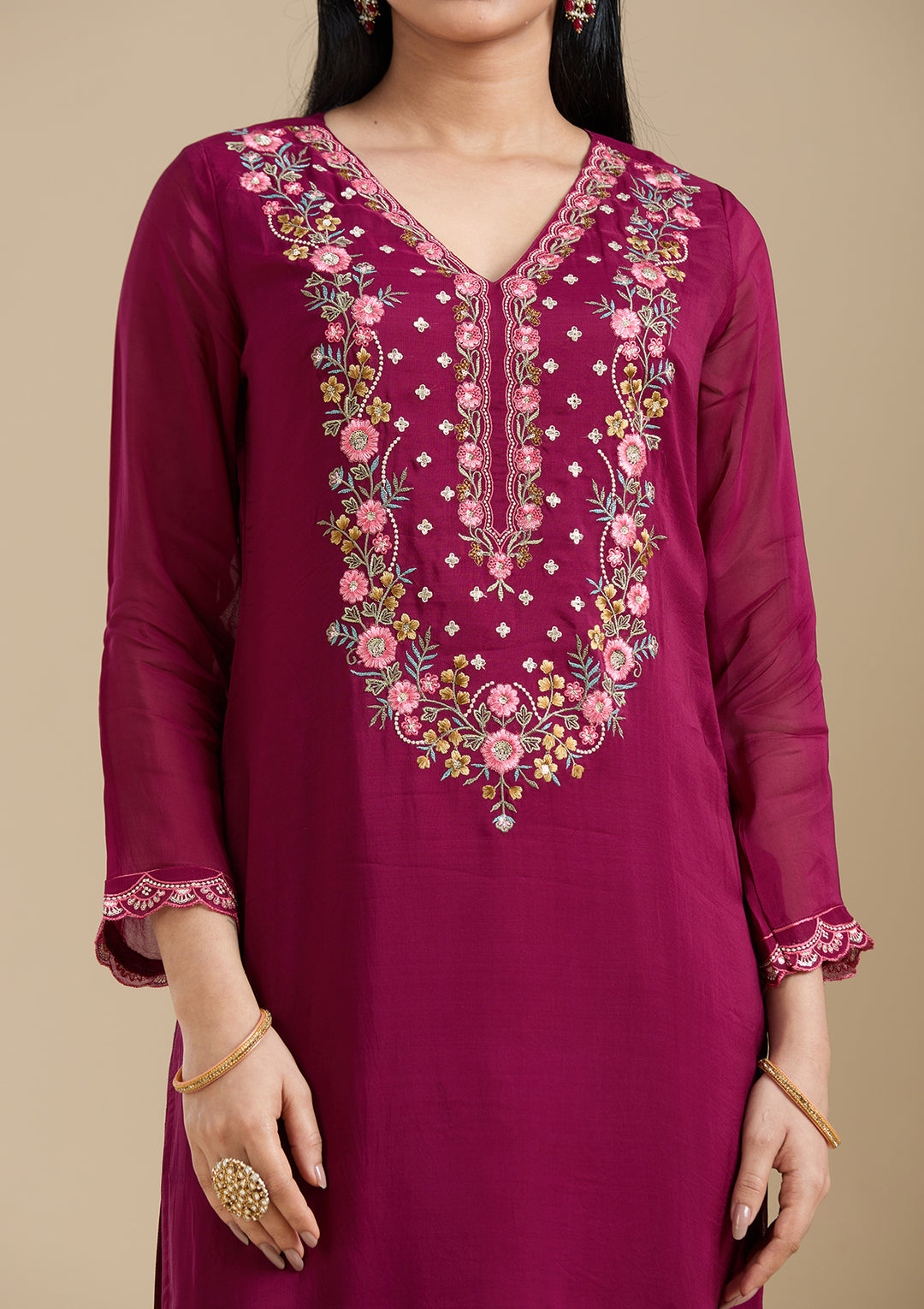 Wine Organza Threadwork Straight Kurta With Regular Pant And Dupatta