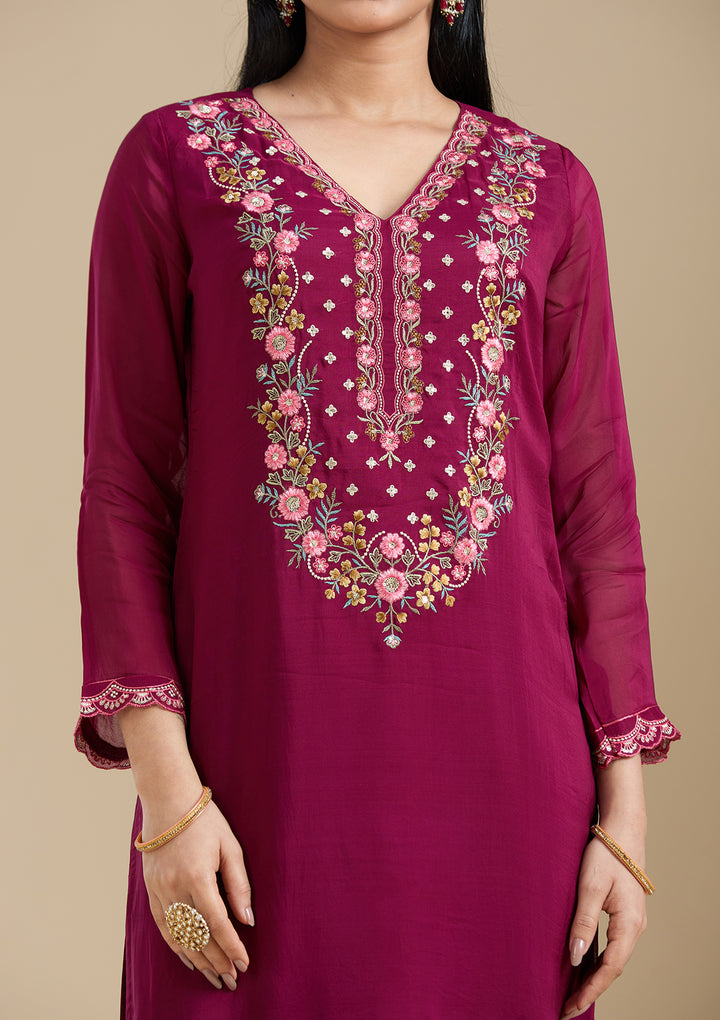 Wine Organza Threadwork Straight Kurta With Regular Pant And Dupatta