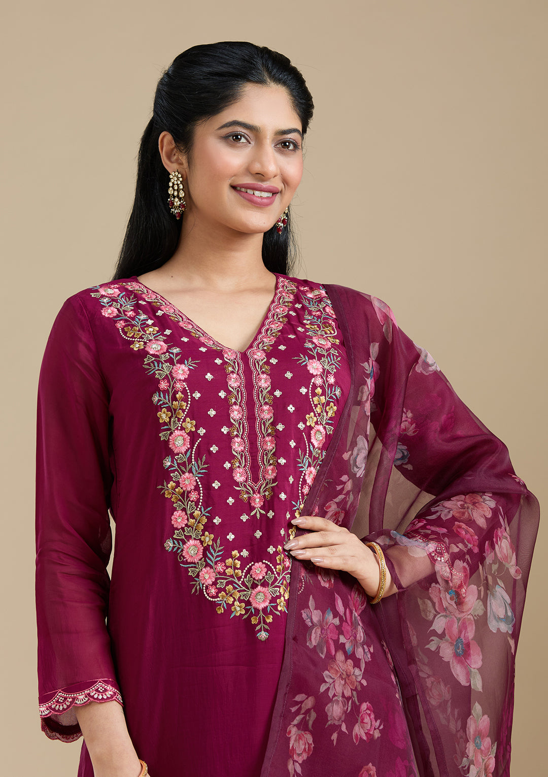 Wine Organza Threadwork Straight Kurta With Regular Pant And Dupatta
