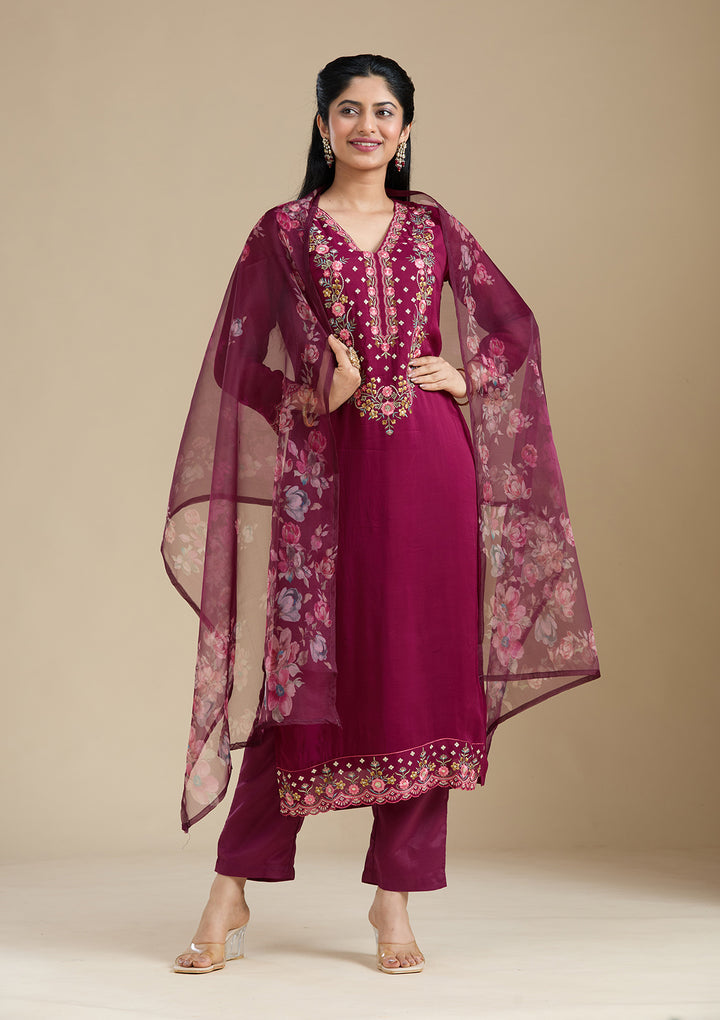 Wine Organza Threadwork Straight Kurta With Regular Pant And Dupatta