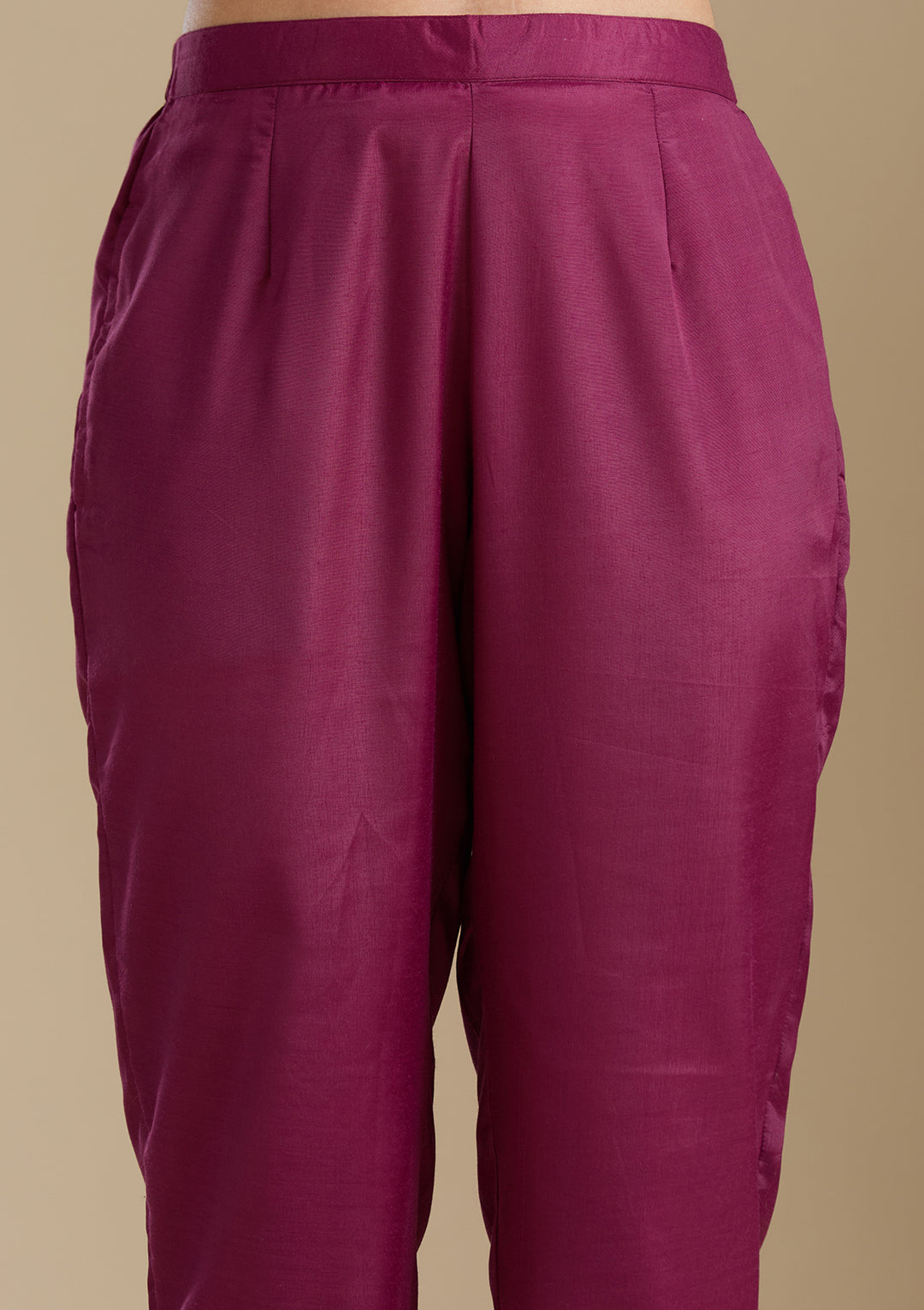 Wine Organza Threadwork Straight Kurta With Regular Pant And Dupatta