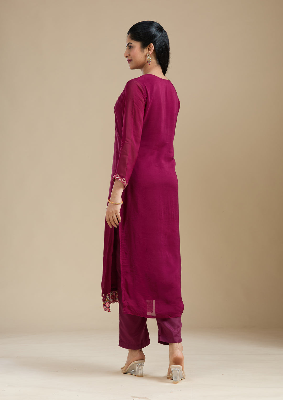 Wine Organza Threadwork Straight Kurta With Regular Pant And Dupatta