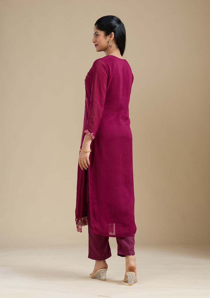Wine Organza Threadwork Straight Kurta With Regular Pant And Dupatta