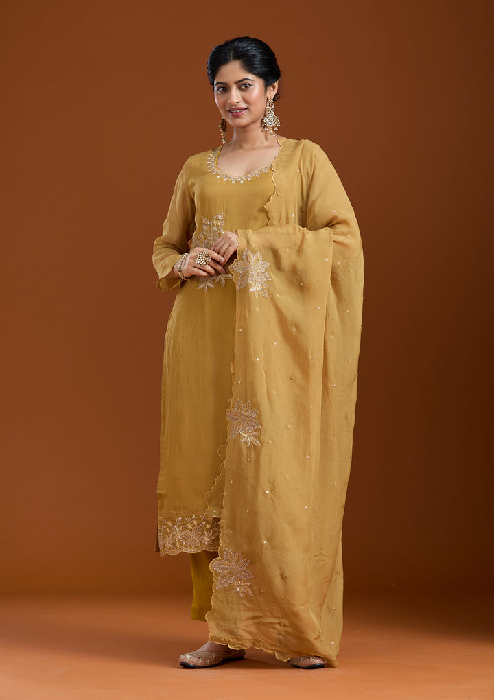 Mustard Yellow Organza Silver Zariwork Straight Kurta With Pant Regular And Dupatta