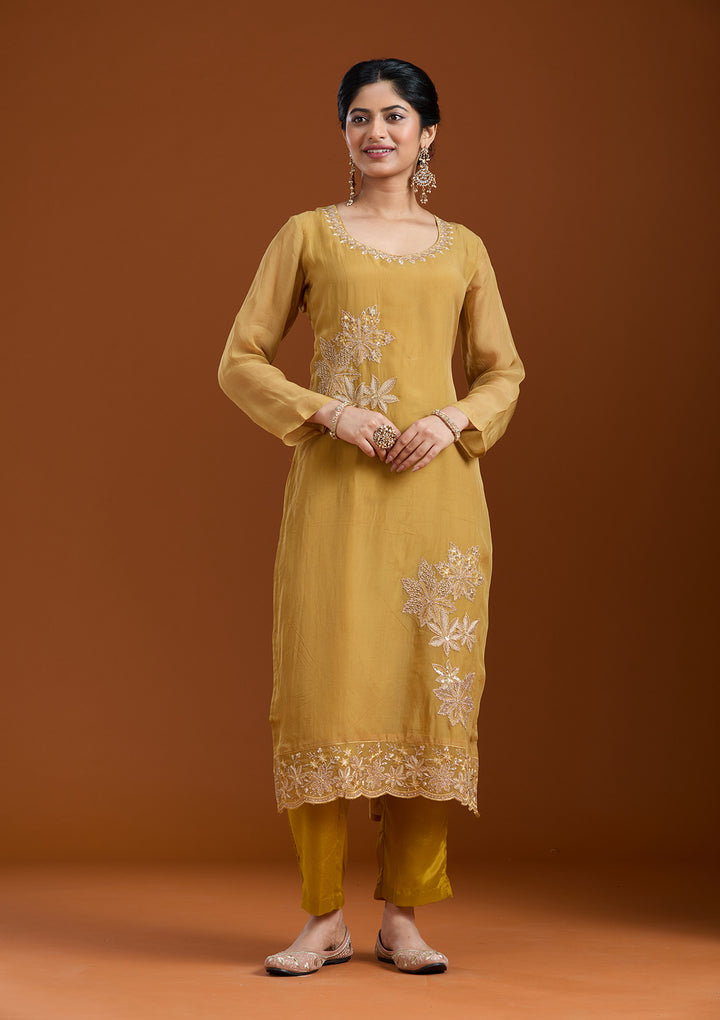 Mustard Yellow Organza Silver Zariwork Straight Kurta With Pant Regular And Dupatta