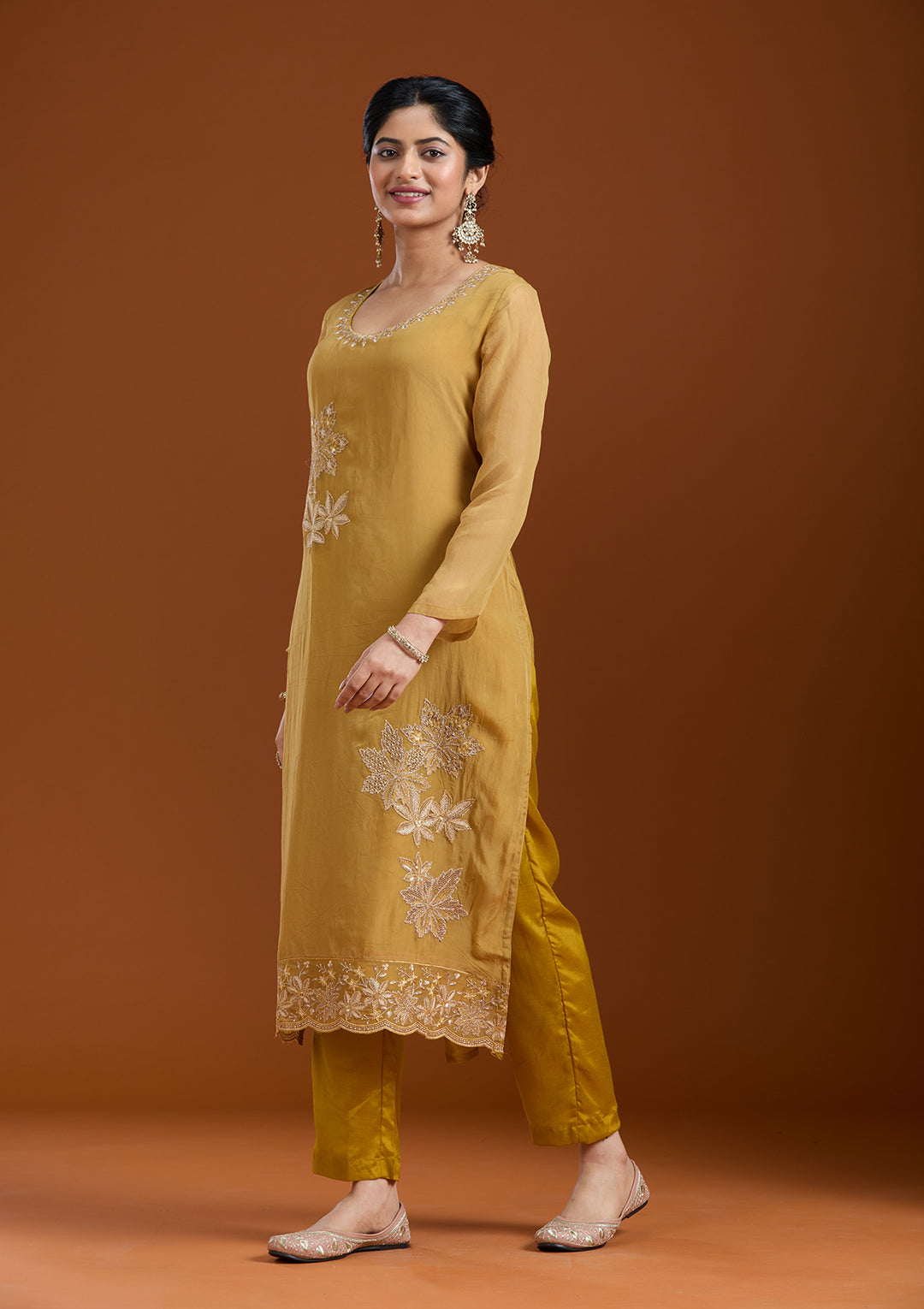 Mustard Yellow Organza Silver Zariwork Straight Kurta With Pant Regular And Dupatta