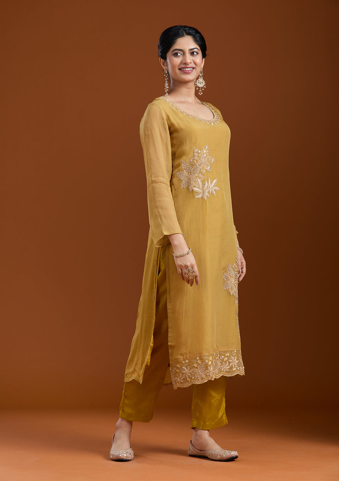Mustard Yellow Organza Silver Zariwork Straight Kurta With Pant Regular And Dupatta