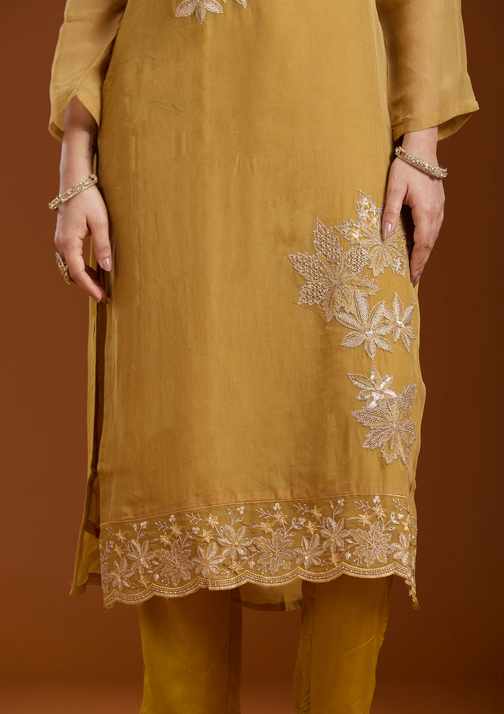 Mustard Yellow Organza Silver Zariwork Straight Kurta With Pant Regular And Dupatta
