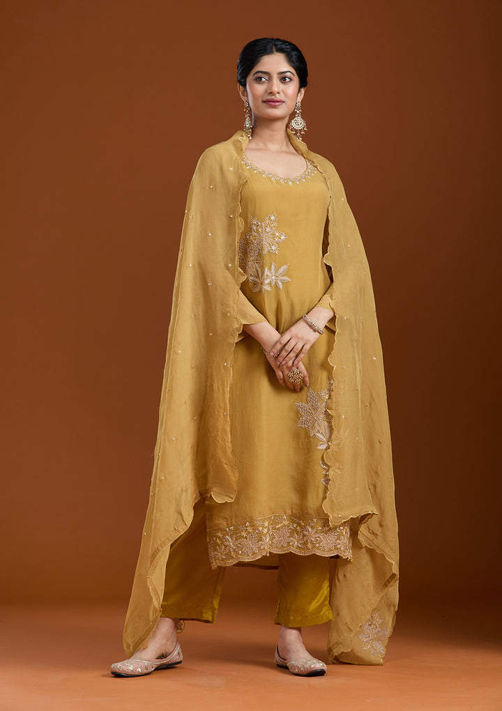Mustard Yellow Organza Silver Zariwork Straight Kurta With Pant Regular And Dupatta