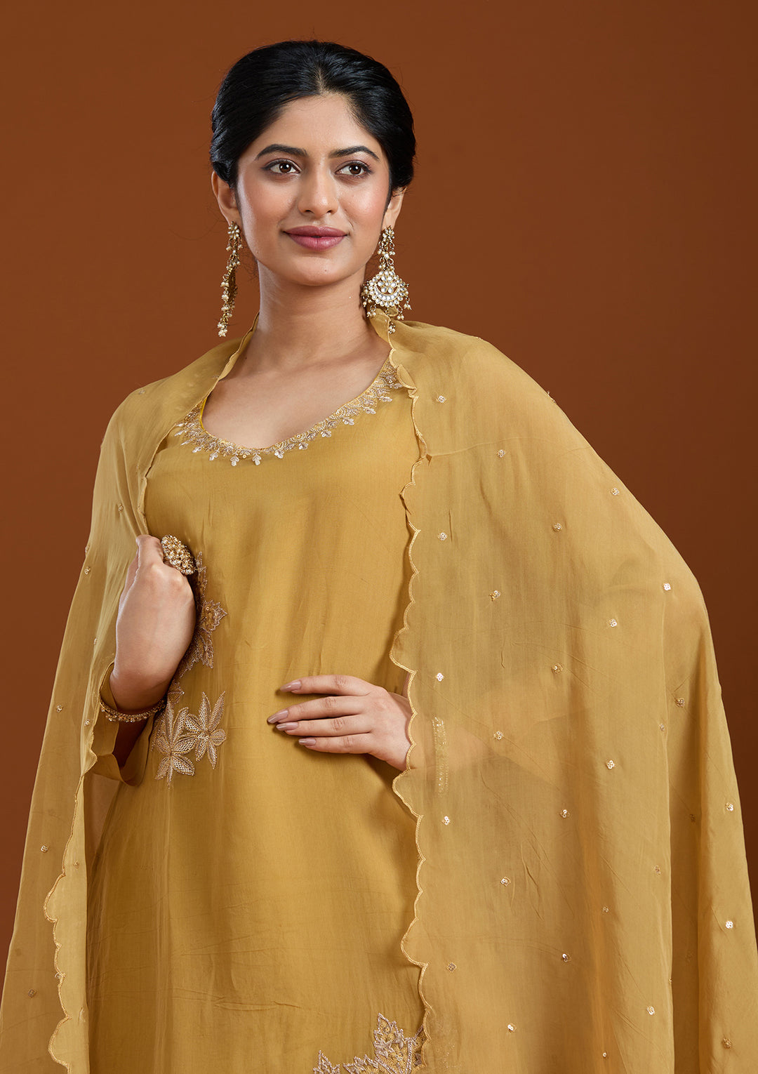 Mustard Yellow Organza Silver Zariwork Straight Kurta With Pant Regular And Dupatta