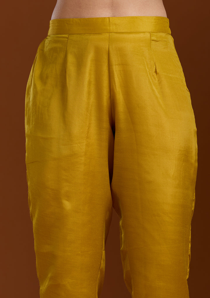 Mustard Yellow Organza Silver Zariwork Straight Kurta With Pant Regular And Dupatta