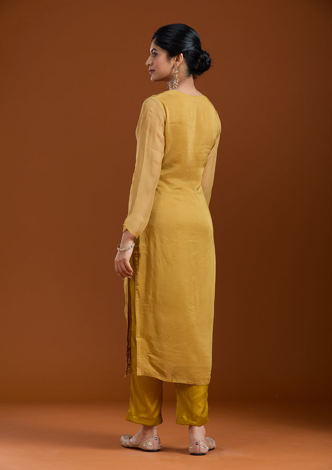Mustard Yellow Organza Silver Zariwork Straight Kurta With Pant Regular And Dupatta