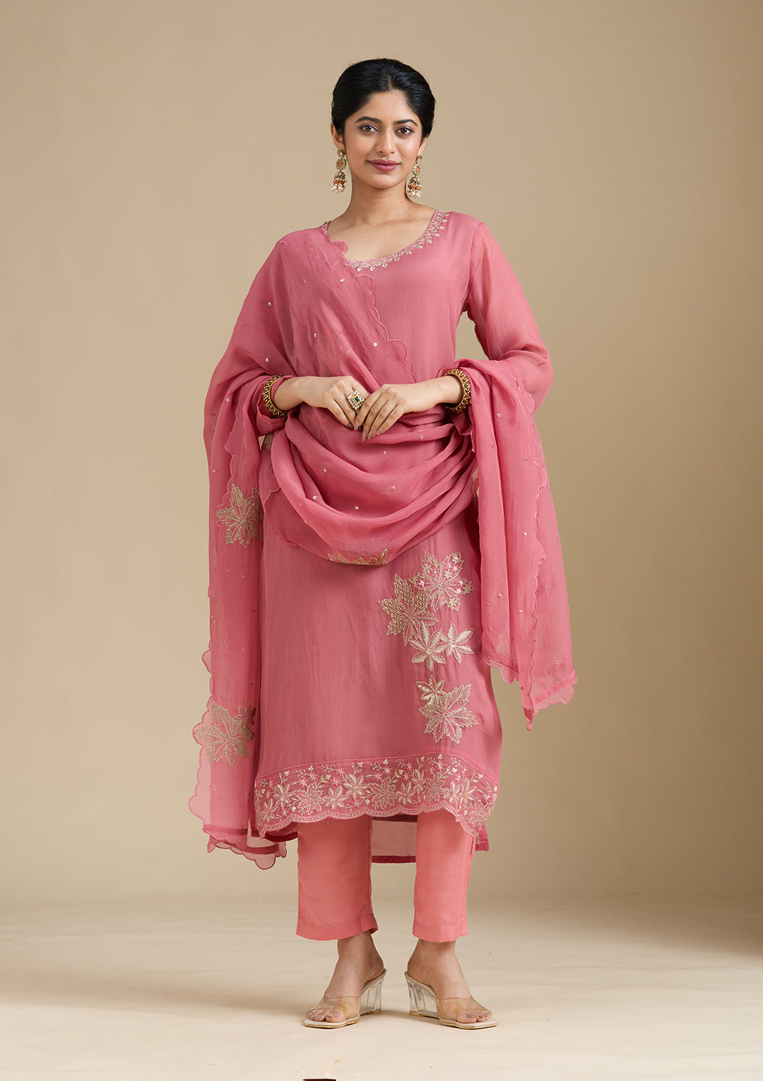 Peach Organza Silver Zariwork Straight Kurta With Pant Regular And Dupatta