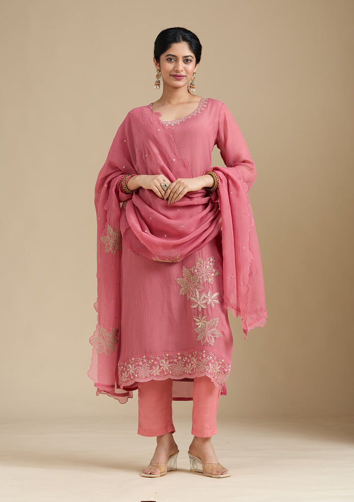 Peach Organza Silver Zariwork Straight Kurta With Pant Regular And Dupatta