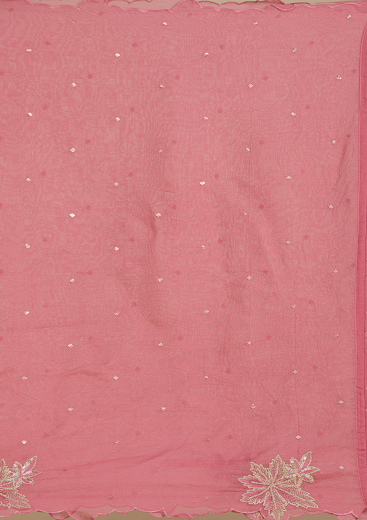 Peach Organza Silver Zariwork Straight Kurta With Pant Regular And Dupatta