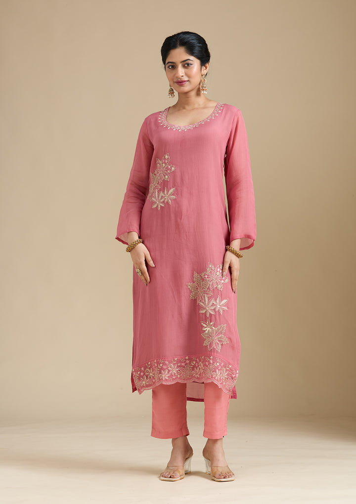 Peach Organza Silver Zariwork Straight Kurta With Pant Regular And Dupatta