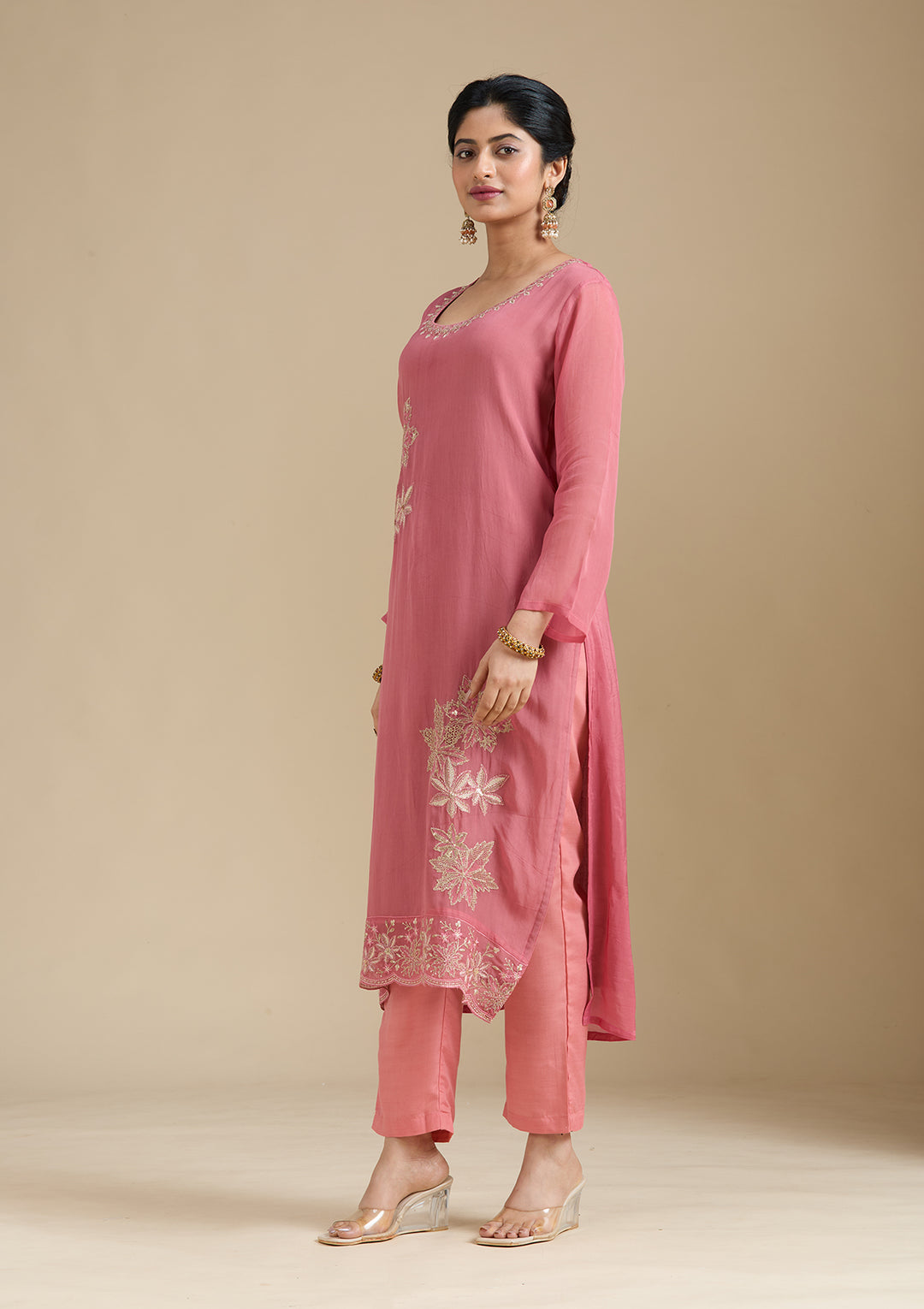 Peach Organza Silver Zariwork Straight Kurta With Pant Regular And Dupatta