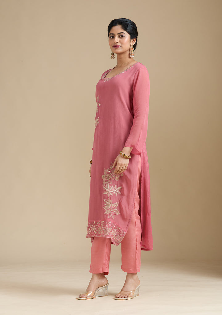 Peach Organza Silver Zariwork Straight Kurta With Pant Regular And Dupatta