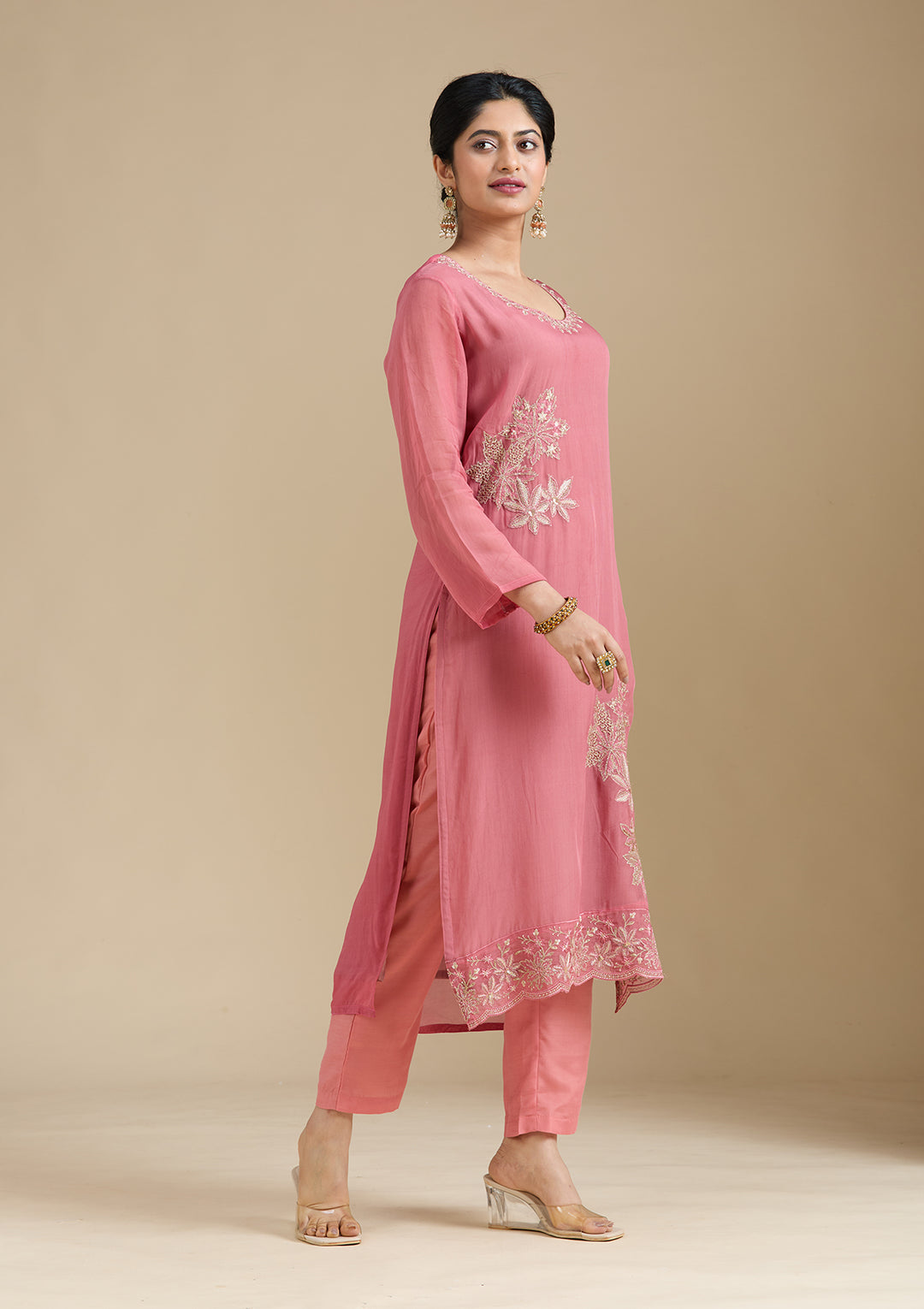 Peach Organza Silver Zariwork Straight Kurta With Pant Regular And Dupatta