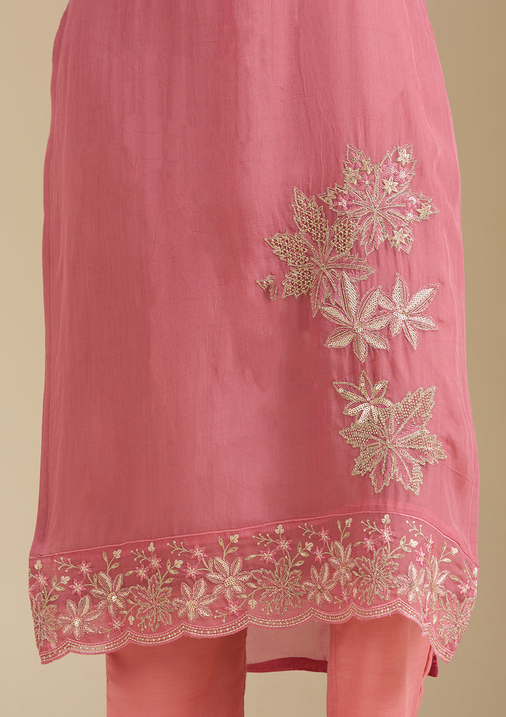 Peach Organza Silver Zariwork Straight Kurta With Pant Regular And Dupatta
