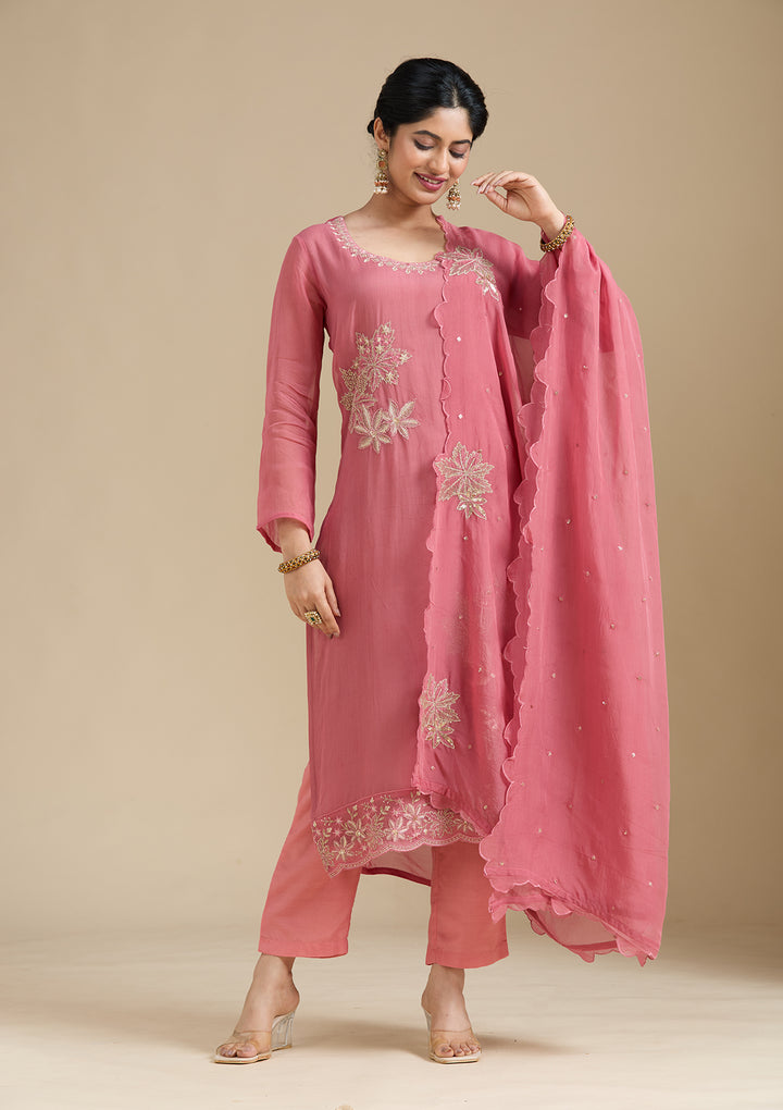 Peach Organza Silver Zariwork Straight Kurta With Pant Regular And Dupatta