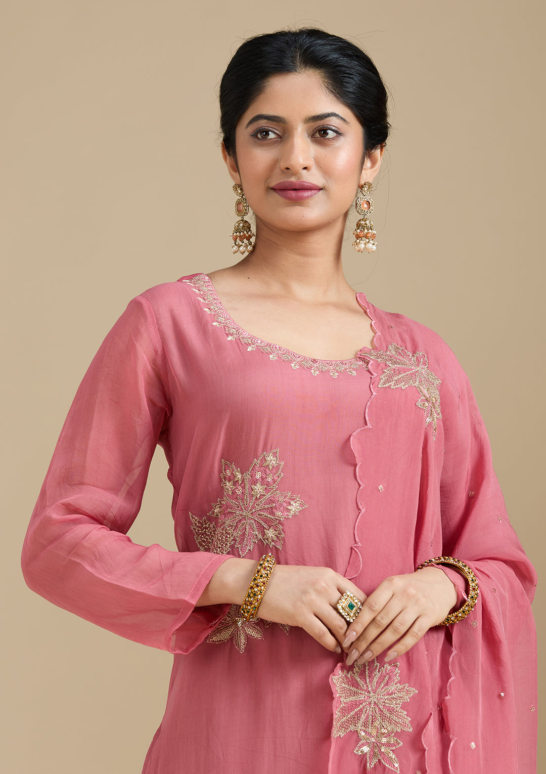 Peach Organza Silver Zariwork Straight Kurta With Pant Regular And Dupatta