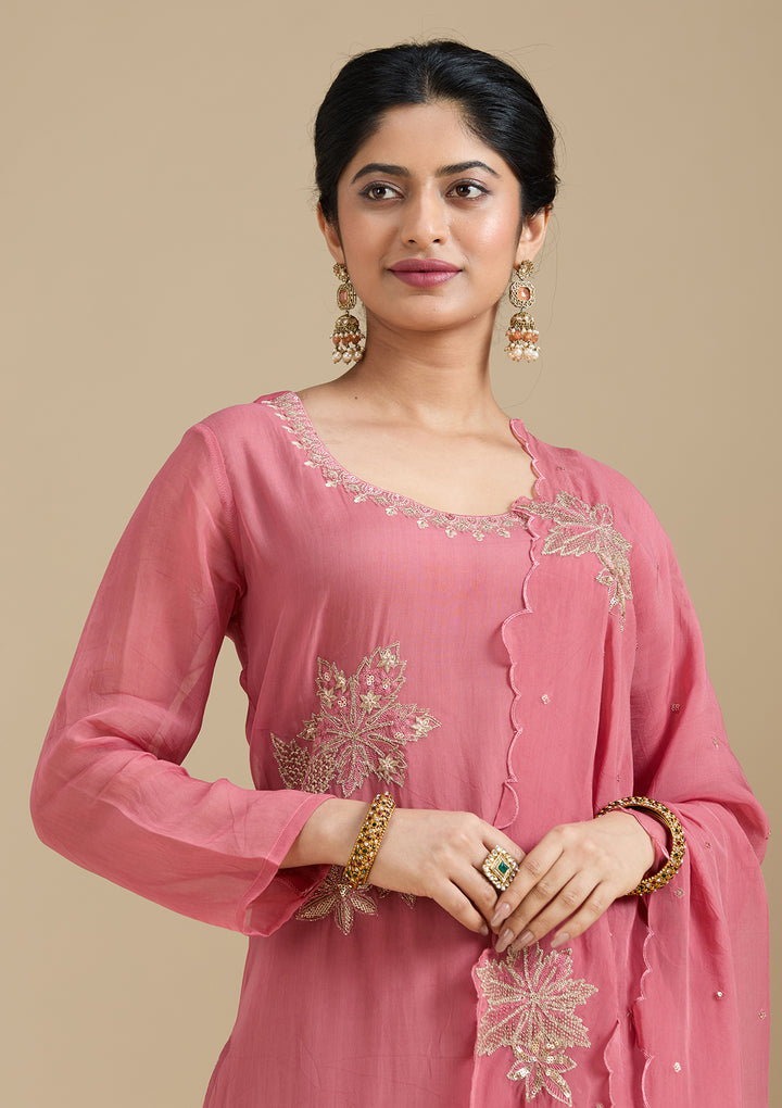 Peach Organza Silver Zariwork Straight Kurta With Pant Regular And Dupatta