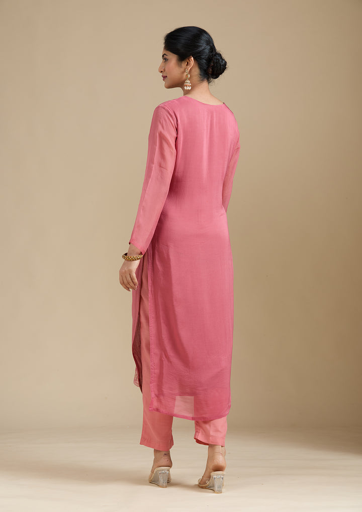Peach Organza Silver Zariwork Straight Kurta With Pant Regular And Dupatta