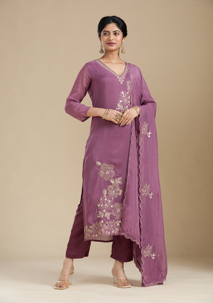 Purple Organza Silver Zariwork Straight Kurta With Pant Regular And Dupatta