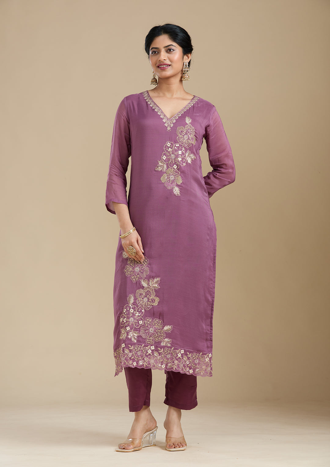 Purple Organza Silver Zariwork Straight Kurta With Pant Regular And Dupatta