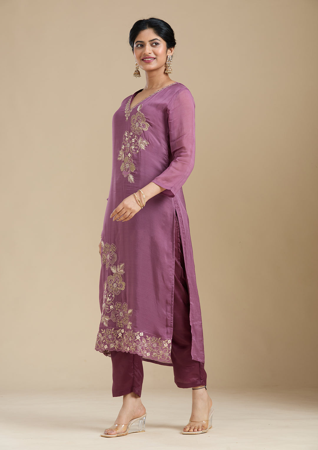 Purple Organza Silver Zariwork Straight Kurta With Pant Regular And Dupatta