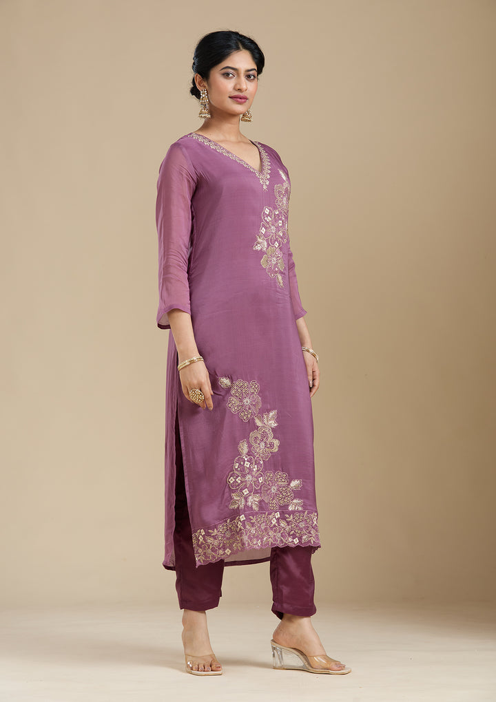 Purple Organza Silver Zariwork Straight Kurta With Pant Regular And Dupatta