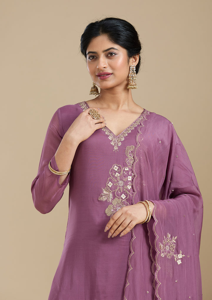 Purple Organza Silver Zariwork Straight Kurta With Pant Regular And Dupatta