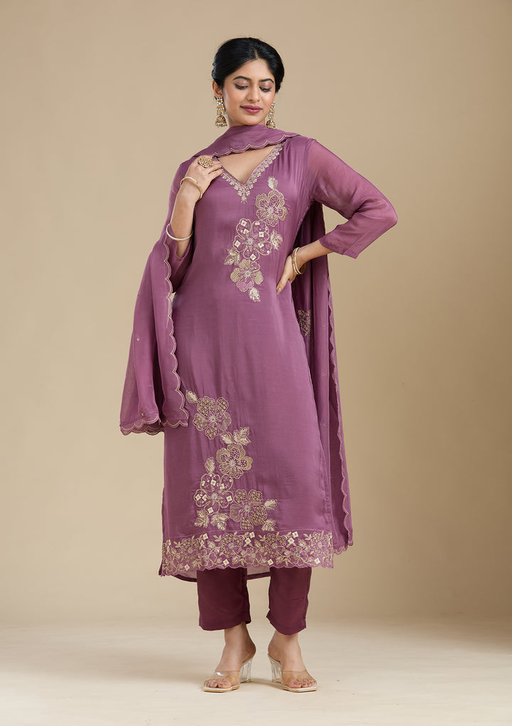 Purple Organza Silver Zariwork Straight Kurta With Pant Regular And Dupatta