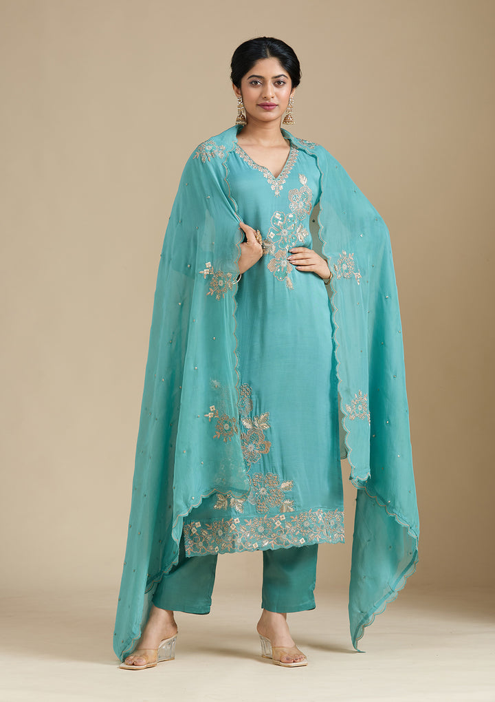 Sea Green Organza Silver Zariwork Straight Kurta With Pant Regular And Dupatta