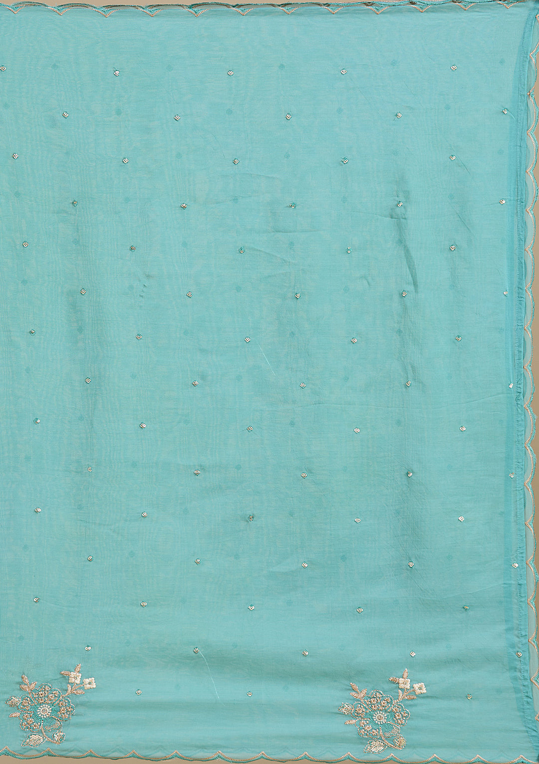Sea Green Organza Silver Zariwork Straight Kurta With Pant Regular And Dupatta
