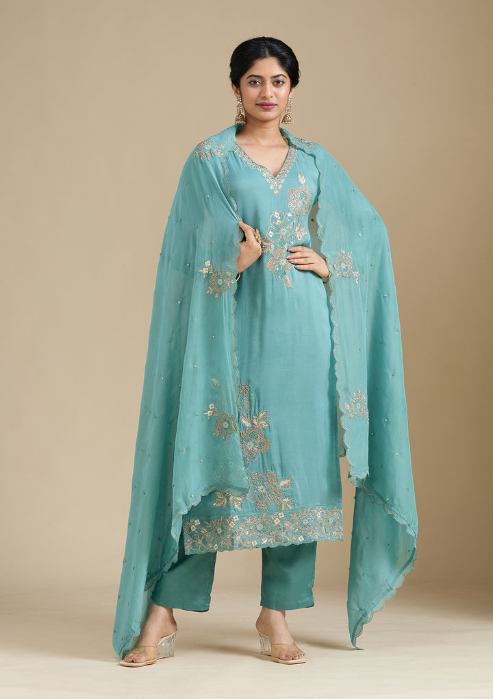 Sea Green Organza Silver Zariwork Straight Kurta With Pant Regular And Dupatta