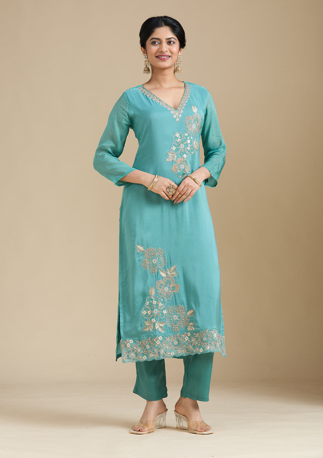 Sea Green Organza Silver Zariwork Straight Kurta With Pant Regular And Dupatta