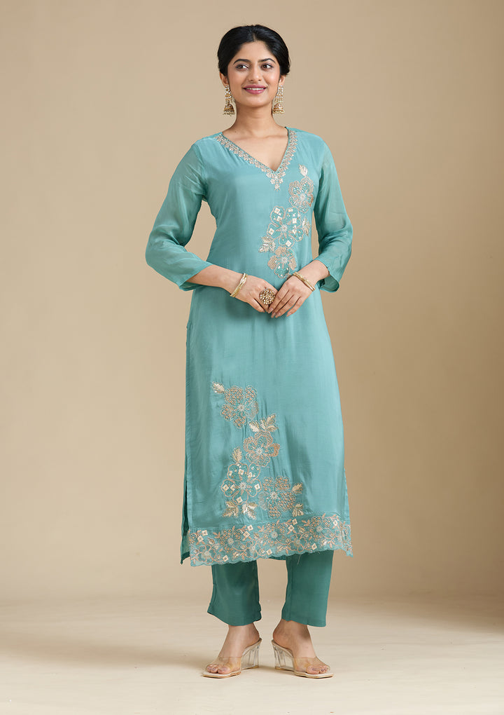 Sea Green Organza Silver Zariwork Straight Kurta With Pant Regular And Dupatta