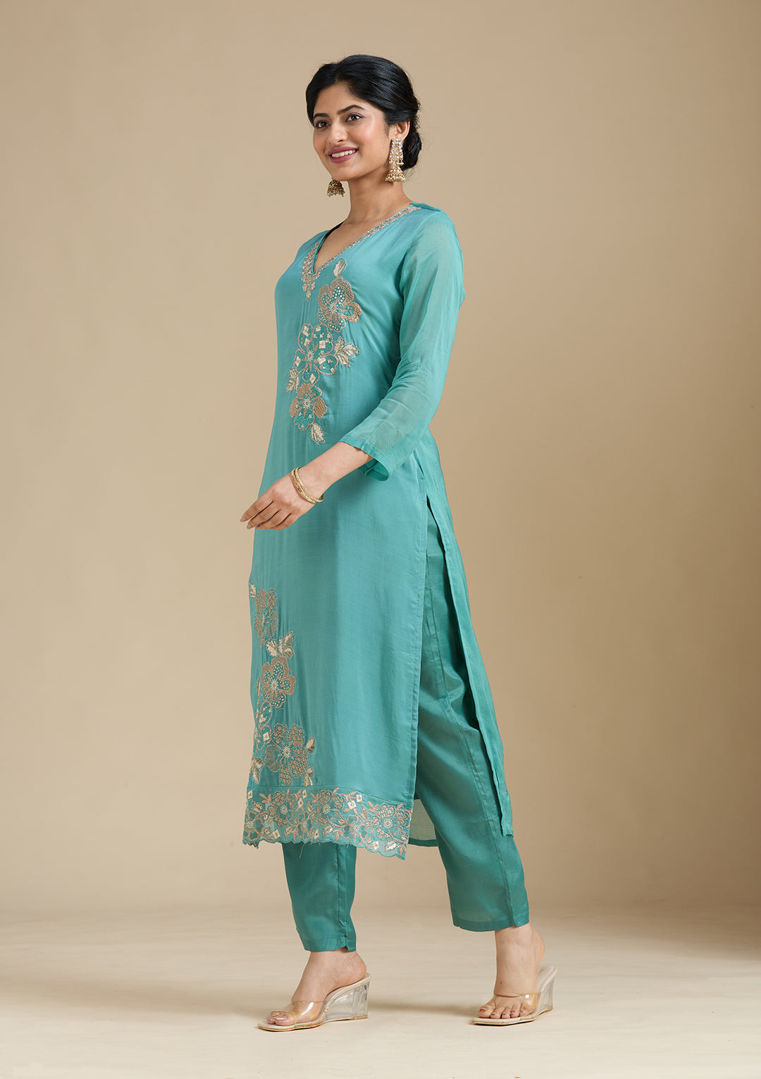 Sea Green Organza Silver Zariwork Straight Kurta With Pant Regular And Dupatta