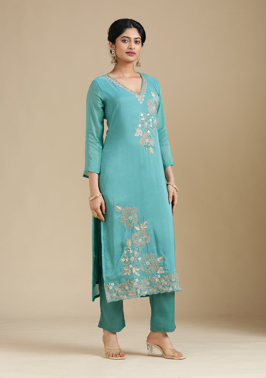 Sea Green Organza Silver Zariwork Straight Kurta With Pant Regular And Dupatta