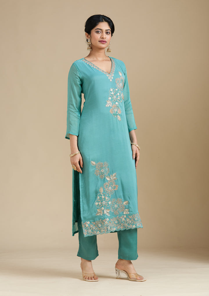 Sea Green Organza Silver Zariwork Straight Kurta With Pant Regular And Dupatta