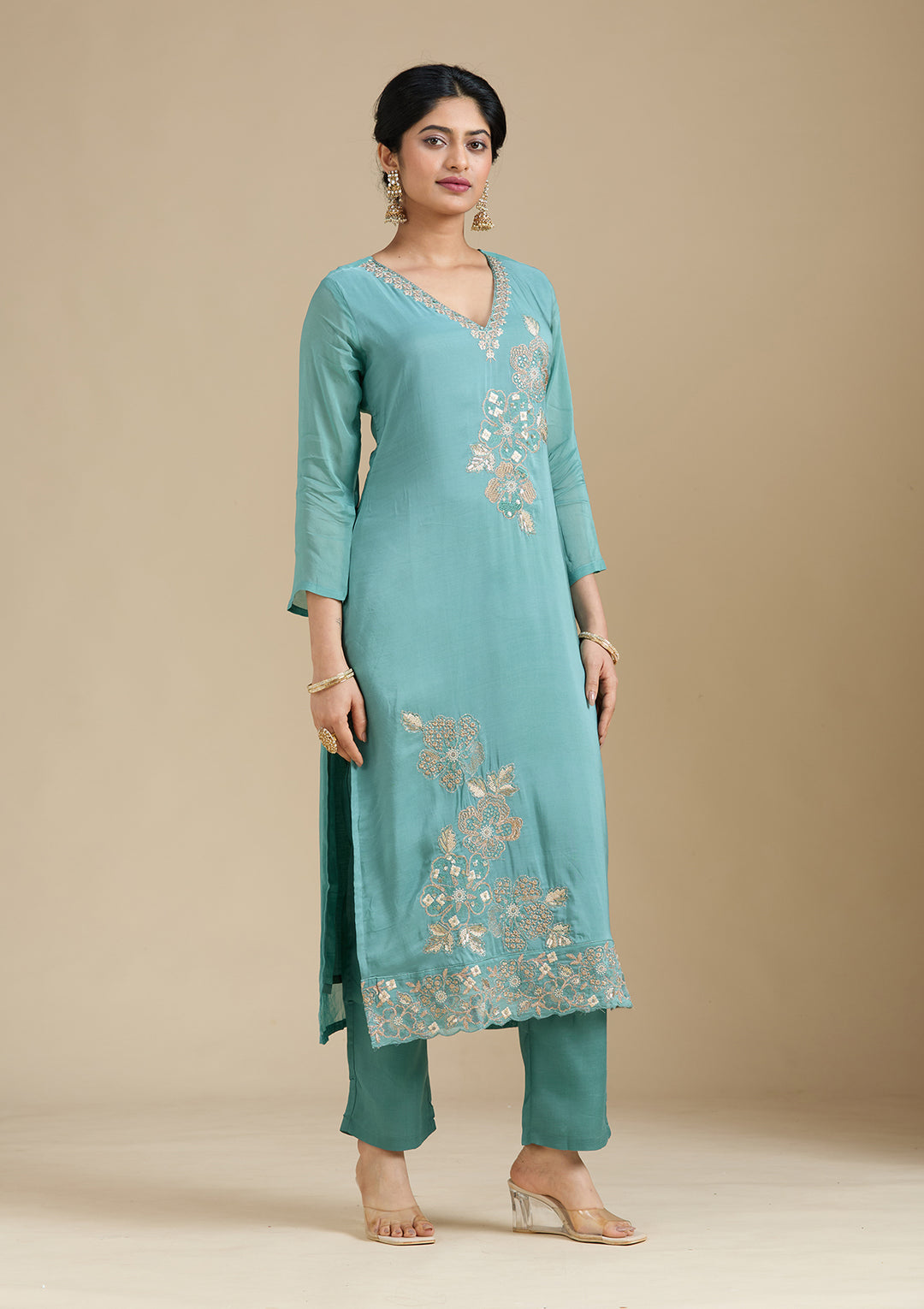 Sea Green Organza Silver Zariwork Straight Kurta With Pant Regular And Dupatta